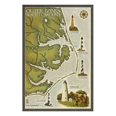 Lighthouse and Town Map - Outer Banks, North Carolina Print Wall Art By Lantern