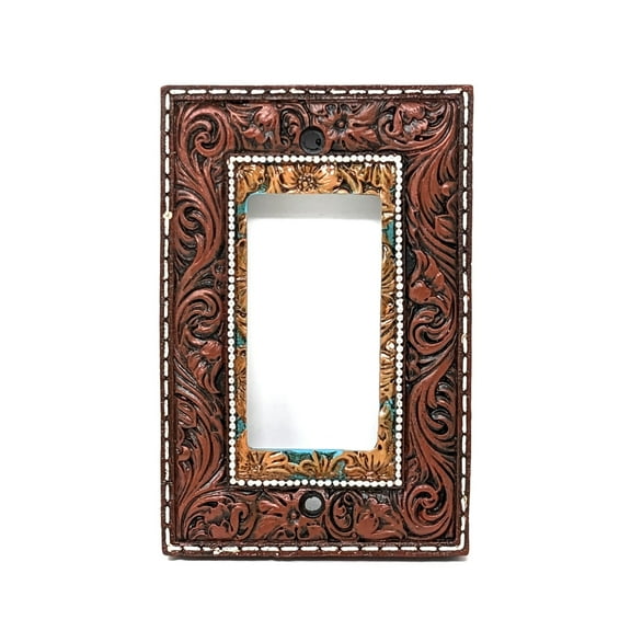 Western Cowboy Tooled Leather Design Resin Single Rocker Switch Plate - Faux Leather Look Decorative Light Switch Cover for Rustic Ranch Cowboy Home Décor Enthusiasts