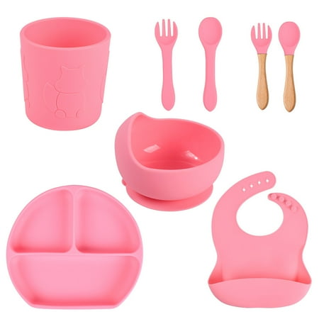 

BOOYOU 8 Pcs Baby Silicone Bib Divided Dinner Plate Sucker Bowl Spoon Fork Cup Set Training Feeding Food Utensil Dishes Tableware Kit for Newborn Toddlers Infants Dinnerware