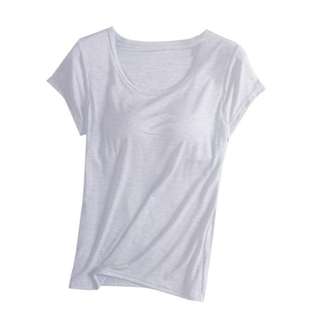 WREESH Women s Scoop Neck Cap Sleeve T-Shirt Lightweight Built-In Bra for Yoga & Sports White