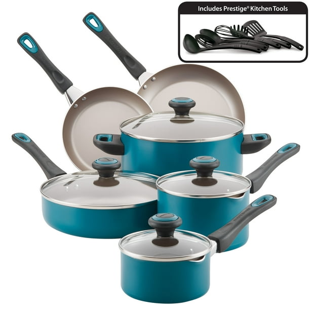 multi colored pots and pans set