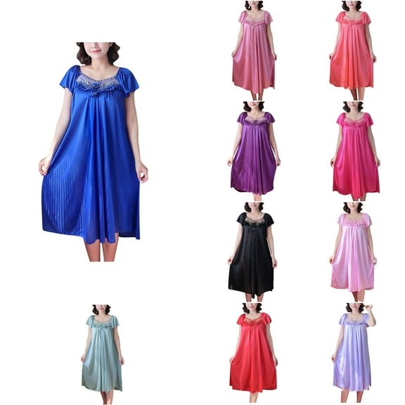 Antinious Women Solid V-Neck Short Sleeve Sleep Dress Nightdress,Holiday!Nightgowns for Women,Women Pajama Dress,Purple,Free Size