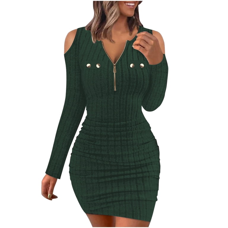 winter dresses zipper bodycon Antinious Party Dresses for Women Long Sleeve Solid V Neck Zipper Slim  Bodycon Fitted Wedding Guest Dress,Winter Dresses for Women,Long Sleeve  Party Dress for Women,Army Green,L