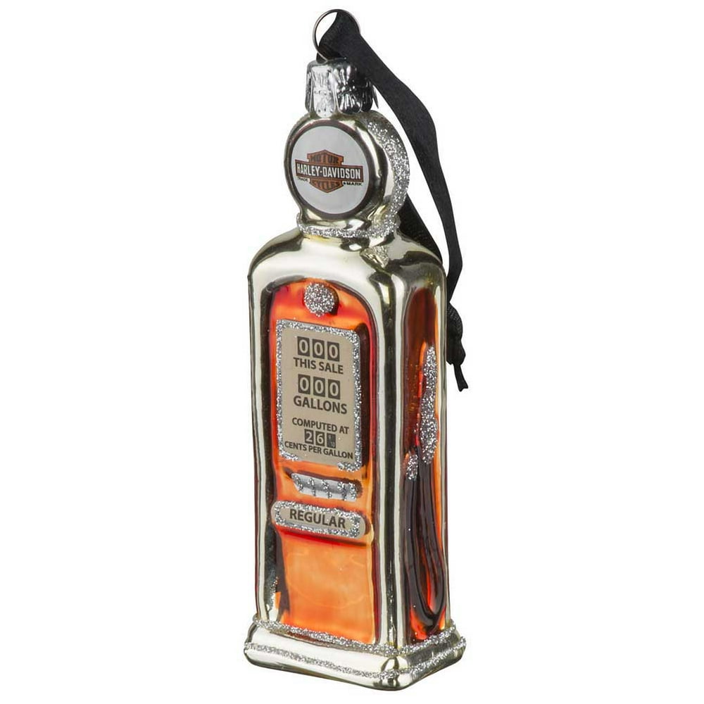 HarleyDavidson Blown Glass B&S Gas Pump Ornament, Glitter Accents HDX