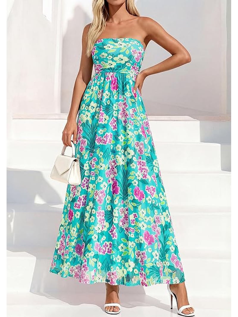 strapless dress for beach wedding guest Prettygarden Women Strapless Maxi Dress Summer Floral Tube Top Ruched Beach Spring Wedding Guest Long Dresses, Women's, Size: 2XL, Blue