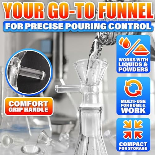 6-Pack Clear Glass Funnels with Handle for Easy Pouring, Thick Spill-Resistant Design for Kitchen, Lab, DIY Use with Liquids and Oils, Includes 2 Cleaning Brushes for Simple Maintenance