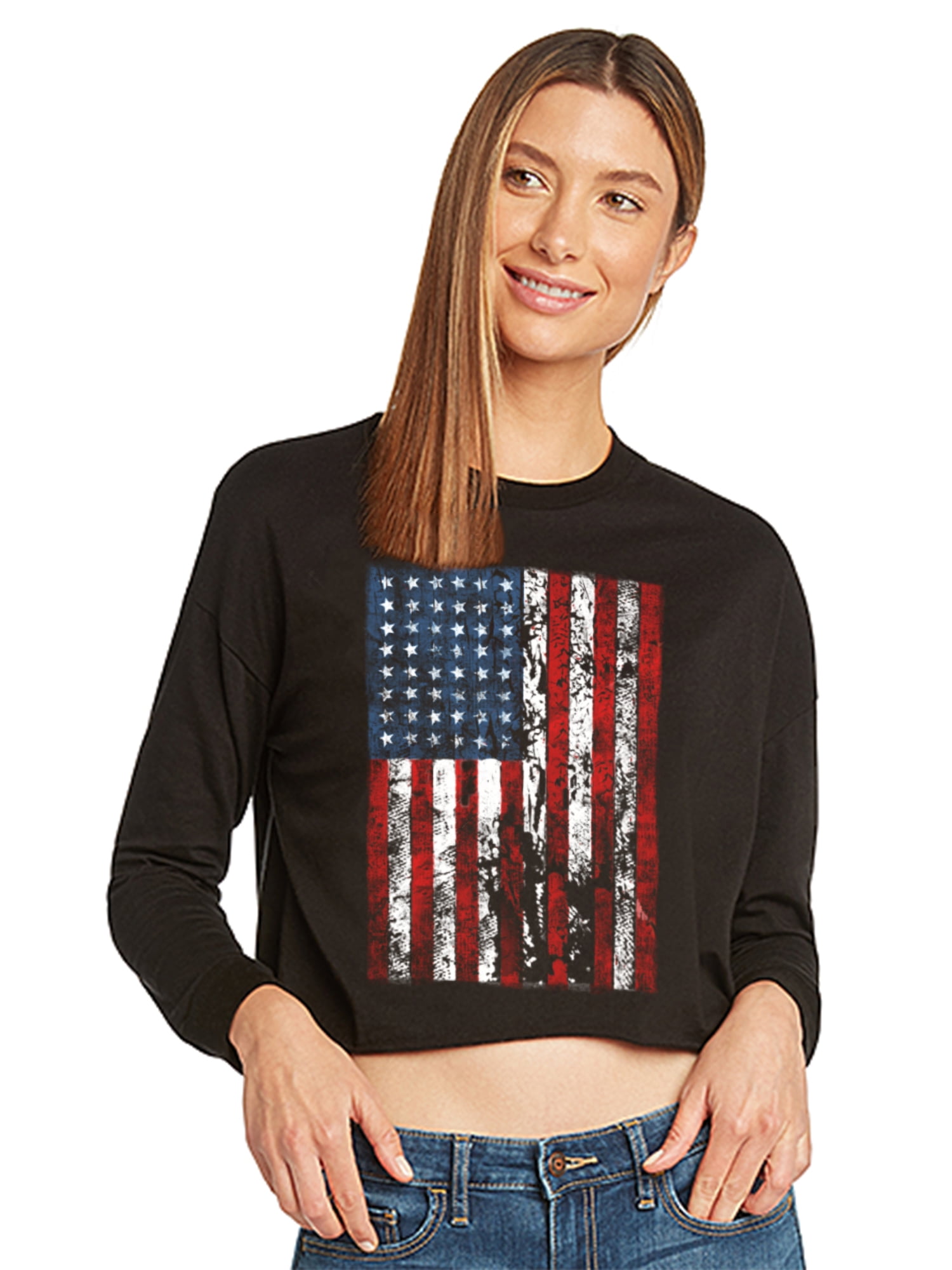 American Flag Distressed Crop Tops for Women Long Sleeve Graphic Tees