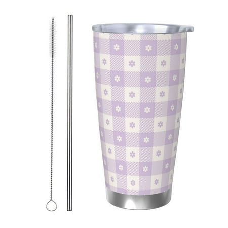 

Susaid Floral Purple Buffalo Plaid Print 20oz Car Cup Insulated Coffee Cup Fully Spill Proof Travel Coffee Mug Stainless Steel Tumbler for Work Home Outdoor Car-Straw Two-piece Set