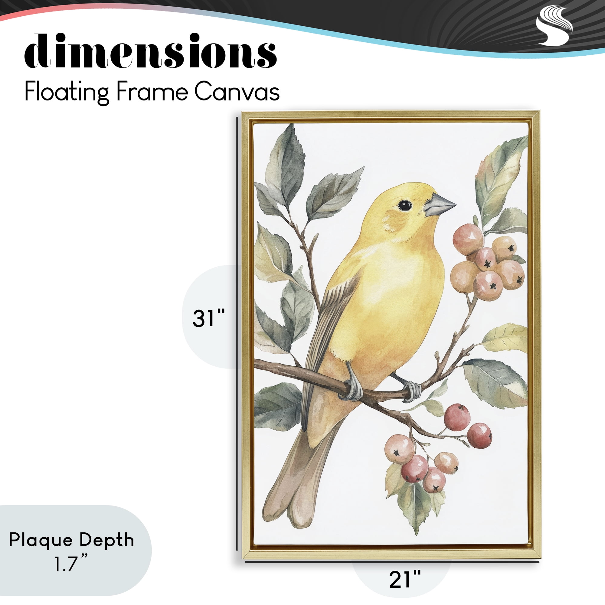 Stupell Industries Sun Lit Bird on Branch Gold Framed Floater Canvas Wall Art, design by Petal Prints Design