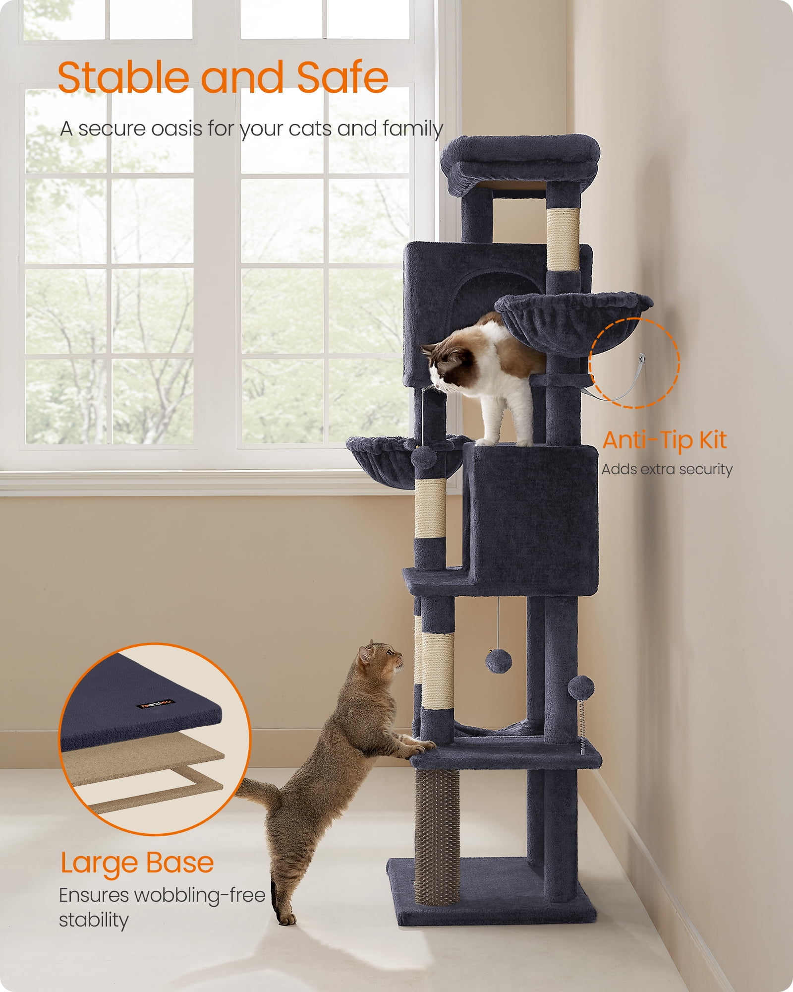 69 Inch Tall Cat Tree Tower for Indoor Cats, Multi-Level Cat Condo with 2 Caves, 2 Baskets, 5 Scratching Posts, Self-Groomer, Perch, and Hammock, Dark Gray