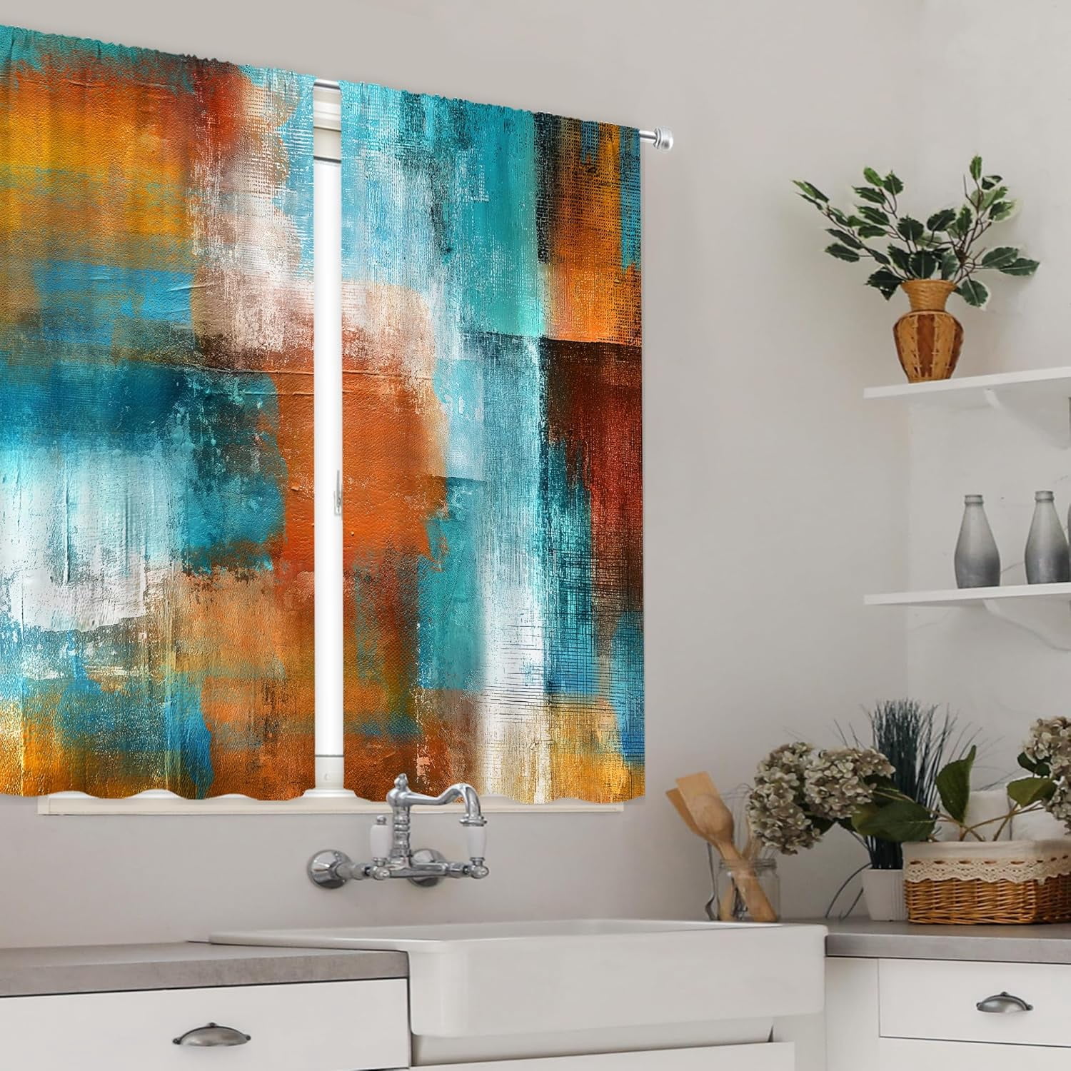 Teal Grey Kitchen Curtains 27.5Wx63H Inch Rod Pocket Square Geometric Checkered Blocks Contemporary Oil Paint Bedroom Window Drapes Colorful Aesthetic Printed Living Room Window Treatment