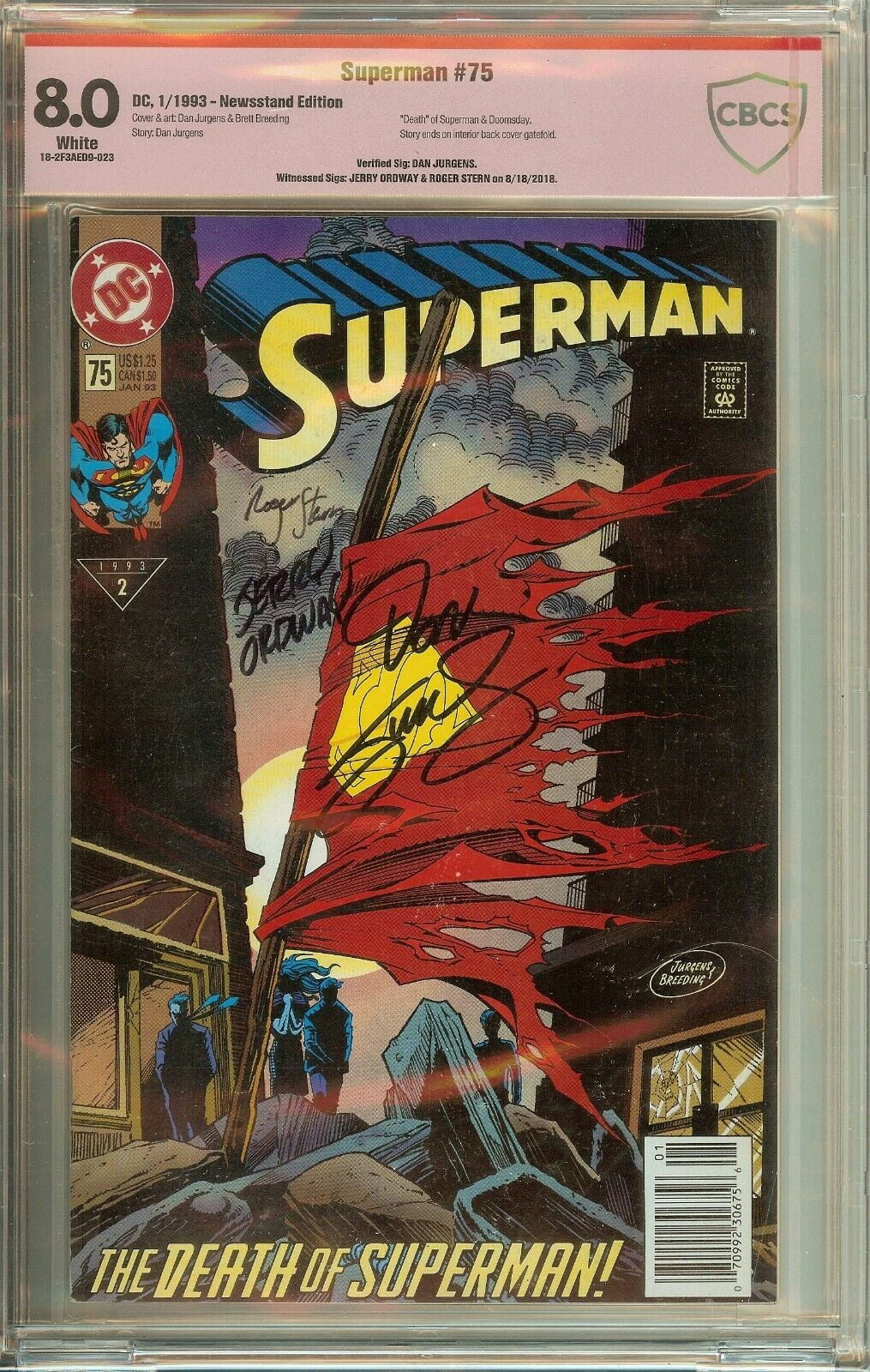 Superman #75 Signed Roger Stern, Dan Jurgens & Brett Breeding CBCS 8.0