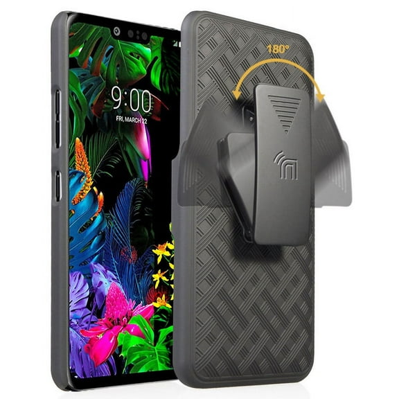 Case with Clip for LG G8 ThinQ, Nakedcellphone [Black Tread] Kickstand Cover with [Rotating/Ratchet] Belt Hip Holster Holder Combo for LG G8 ThinQ (LM-G820)