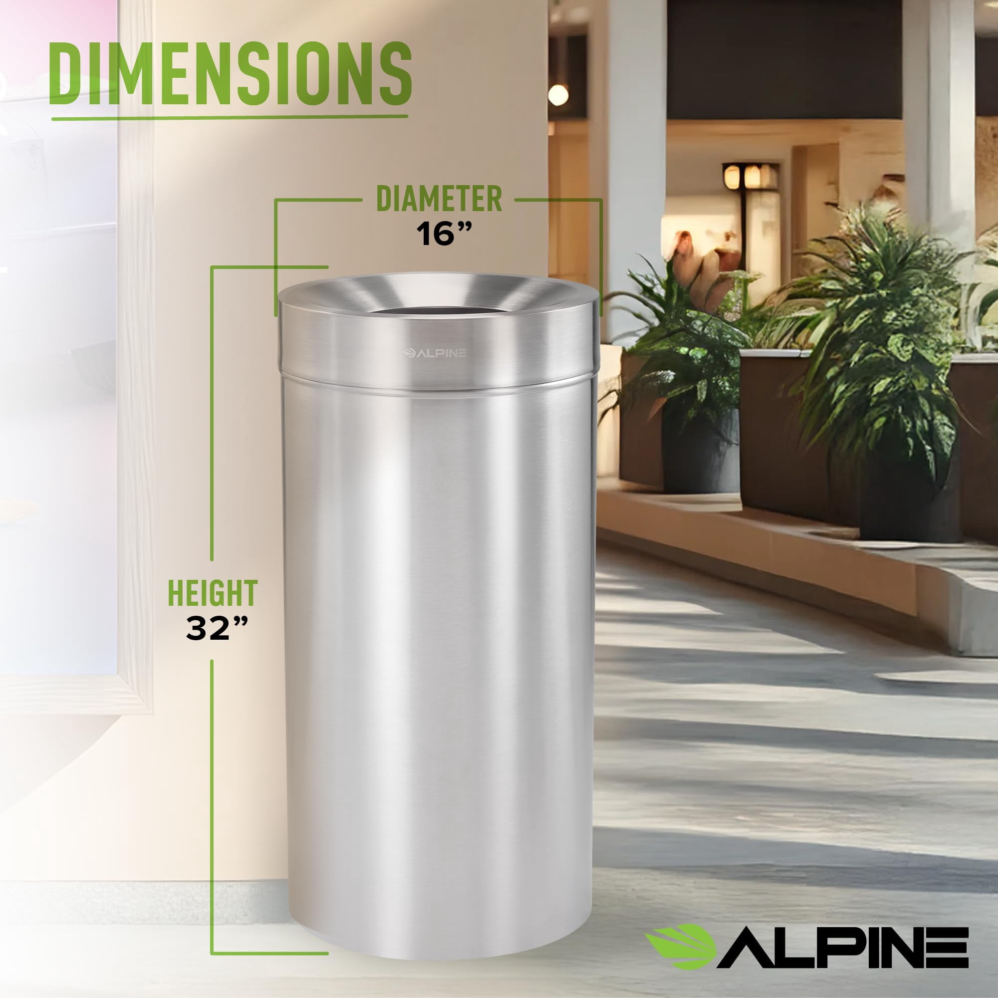 Alpine Industries 27 Gallon Stainless Steel Trash Can - Heavy Duty Indoor Garbage Bin - Corrosion Proof Waste Disposal for High-Traffic Areas
