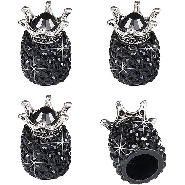 Car Wheel Tire Valve, 4 Pack Handmade Crown Crystal Rhinestone Car Stem Air Caps Cover, Attractive Dustproof Bling Car Accessories, Universal for Most Vehicles-Crown, Black