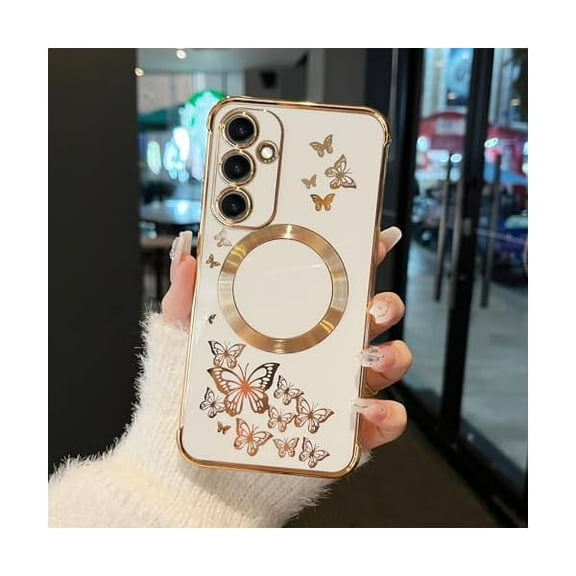 Saluqifa Magnetic Case for Samsung Galaxy S24,Compatible with Wireless Charger Duo,Elegant Butterfly for Lovely Cute Girls & Women,Soft Plating Full Cover Camera Lens for Samsung S24 Case-White
