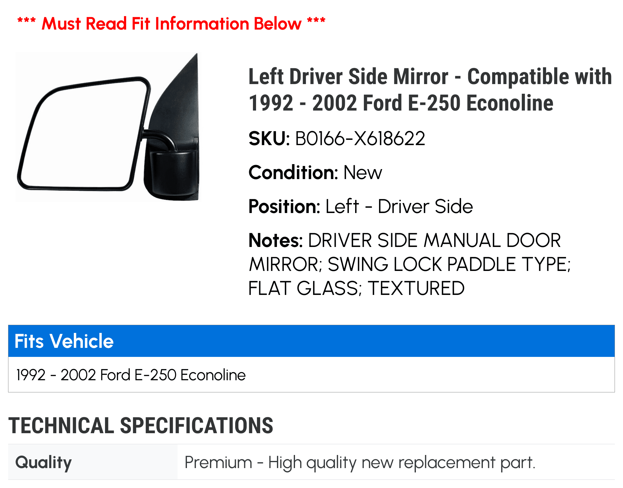 Left Driver Side Mirror - Compatible with 1992 - 2002 Ford E-250 Econoline 1993 1994 1995 1996 1997 1998 1999 2000 2001