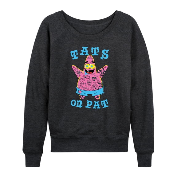 SpongeBob SquarePants - Tats On Pat Women's Lightweight French Terry Wide Neck Long Sleeve Graphic Shirt