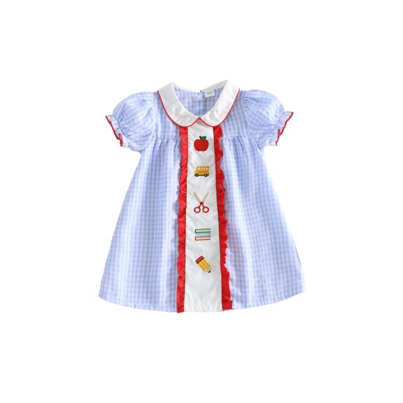 Cenuakty Girls Back to School Dress Apple School Bus Pencil Embroidery Doll Collar Short Sleeve A-line Dress Kids Summer Plaid Dress