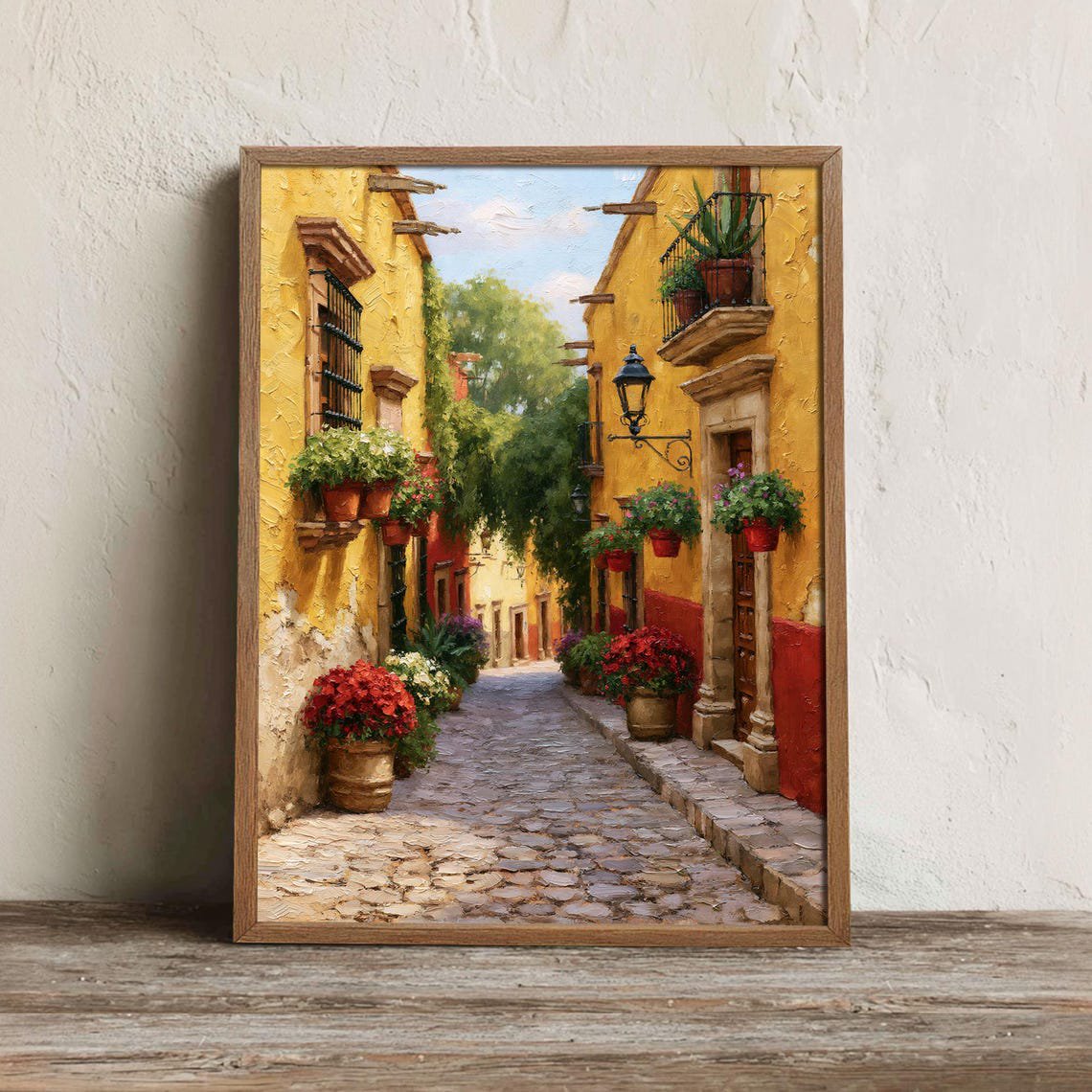 San Miguel Yellow Alley Wall Art Print, Flower Pots And Lantern Decor