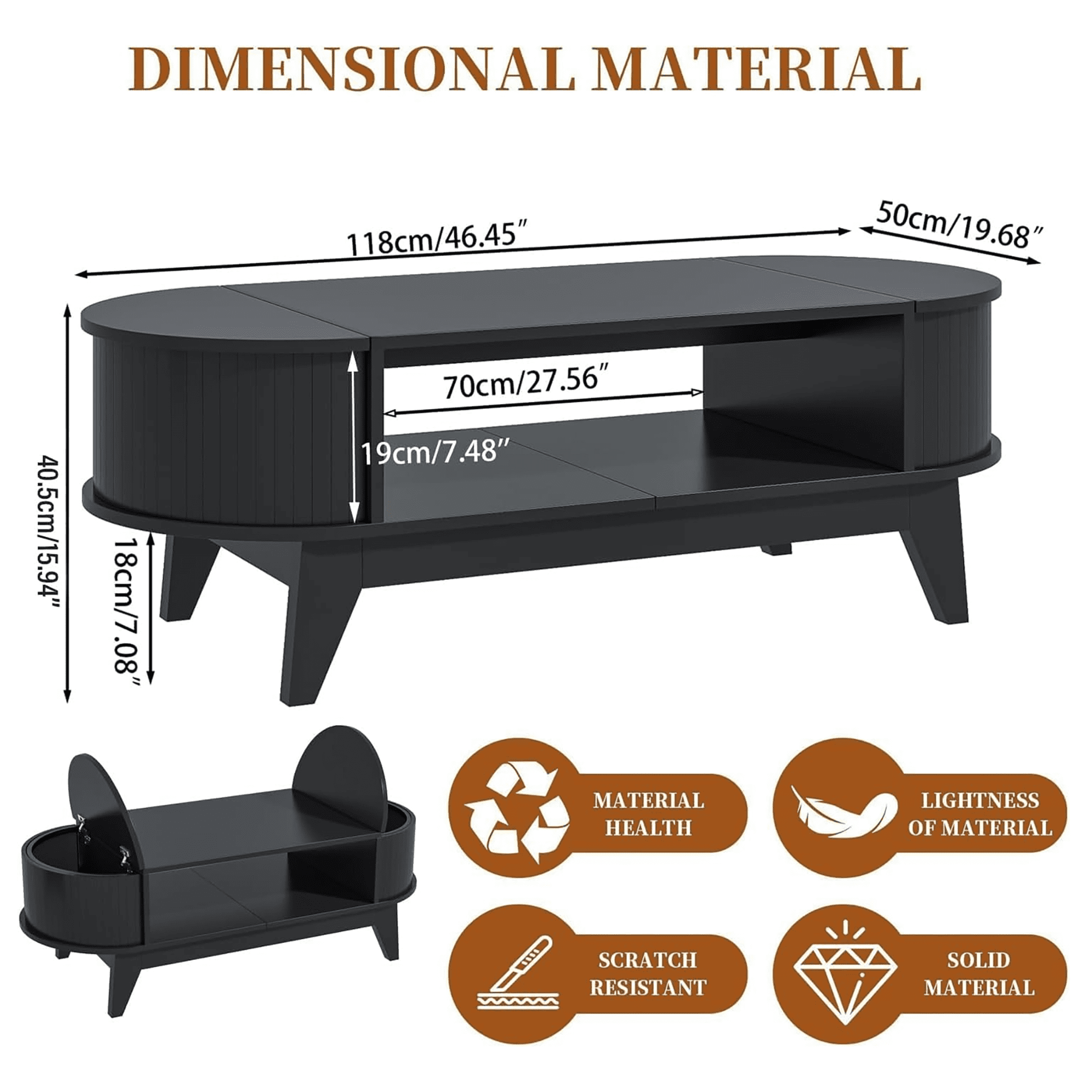 Fluted Coffee Table with Storage, Modern Coffee Tables, Wood Accent Center Table, Black