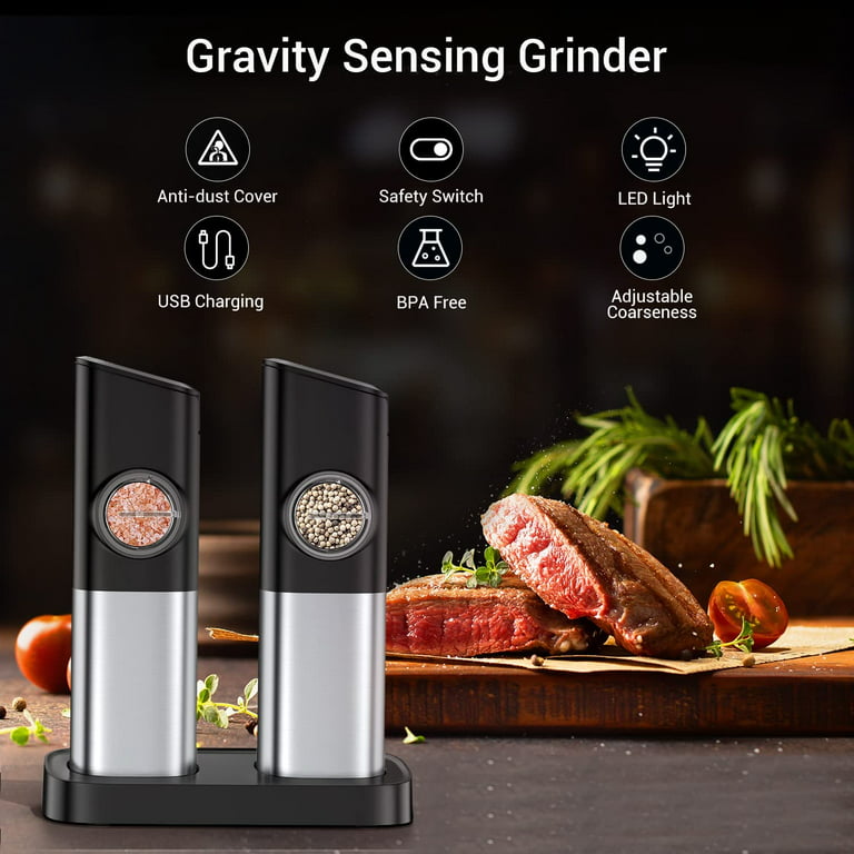 Electric Salt and Pepper Grinder Set, Automatic Pepper Grinder with  Charging Base, LED Light, Adjustable Coarseness-2 Pack 