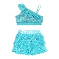 thumbnail image 4 of TiaoBug Kids Girls Gymnastic Dance Outfits Sequins Asymmetrical Shoulder Ruffle Crop Top with Skirted Shorts Set Light Blue 6, 4 of 5