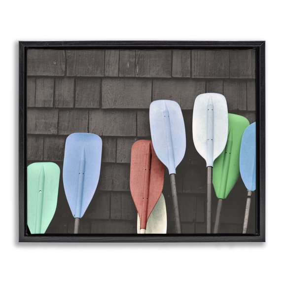 Stupell Industries Rustic Lodge Mixed Ores Against Beach Shed Boating Paddle Black Floating Frame Canvas Art, 21 x 17, by Lil' Rue