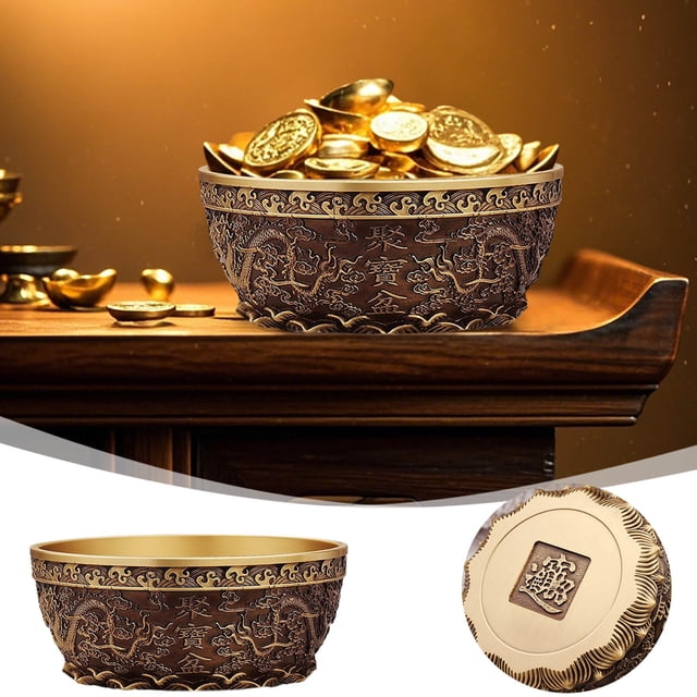 Feng Shui Wealth Position Bowl Pure Copper 415 Grams 0.92 Pounds Double Appearing Base Wealth Treasury With Wealth Inscription Desk Altar Sacred Decorat Abstract Statue Doors And Windows Pug Statues