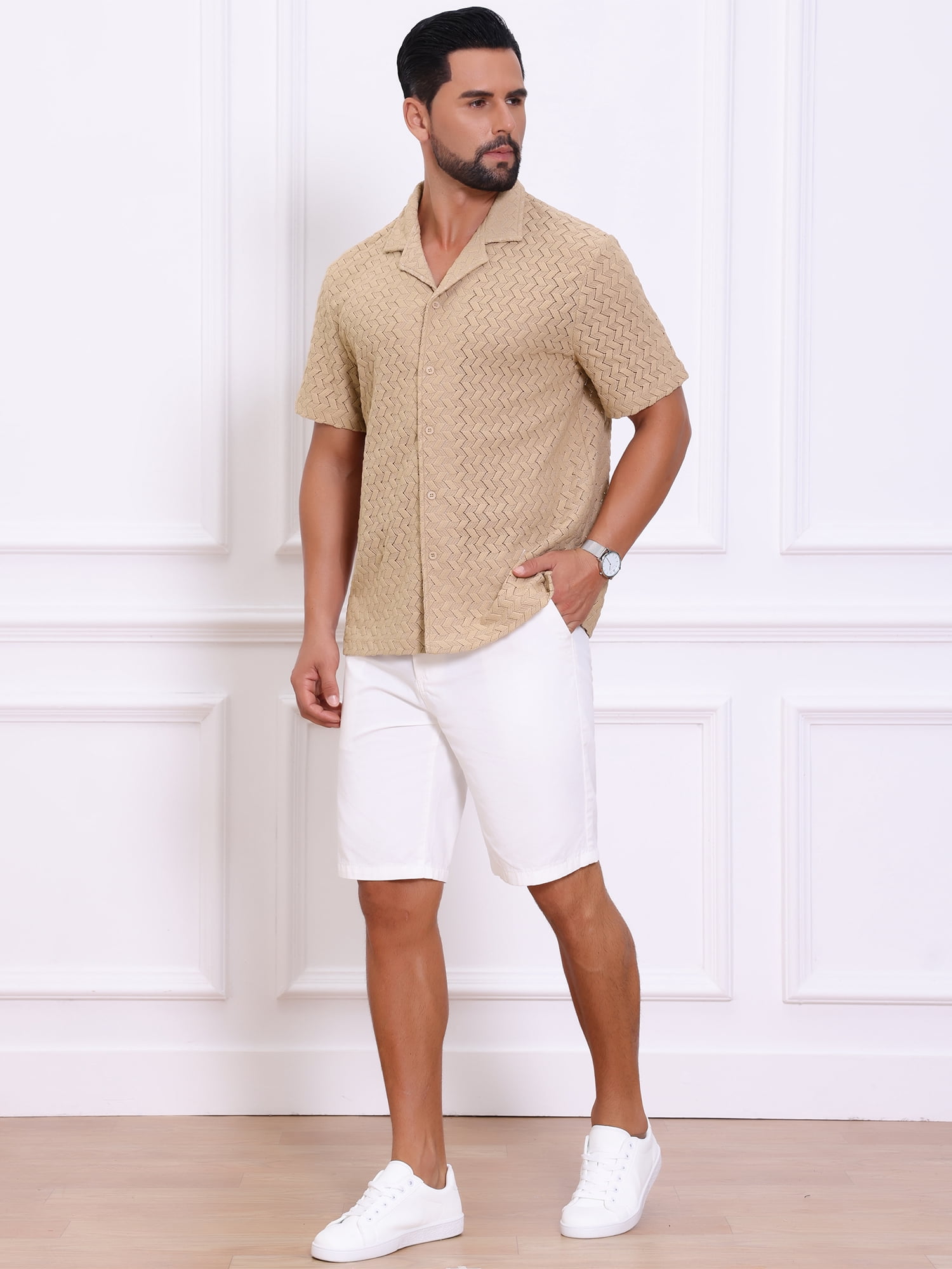 DARING DIVA Men's Hollow Jacquard Camp Collar Short Sleeve Beach Texture Shirts M Khaki