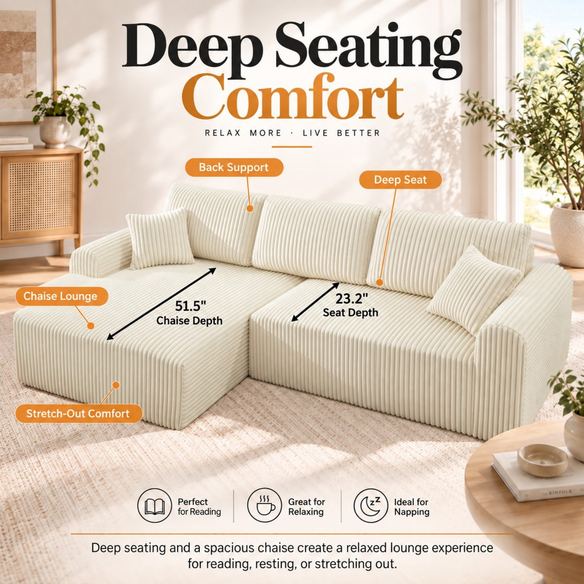 DEALTOPS 109" Corduroy L-Shape Floor Cloud Couch, Deep Seat Modular Sectional Sofa, Left Chaise, White