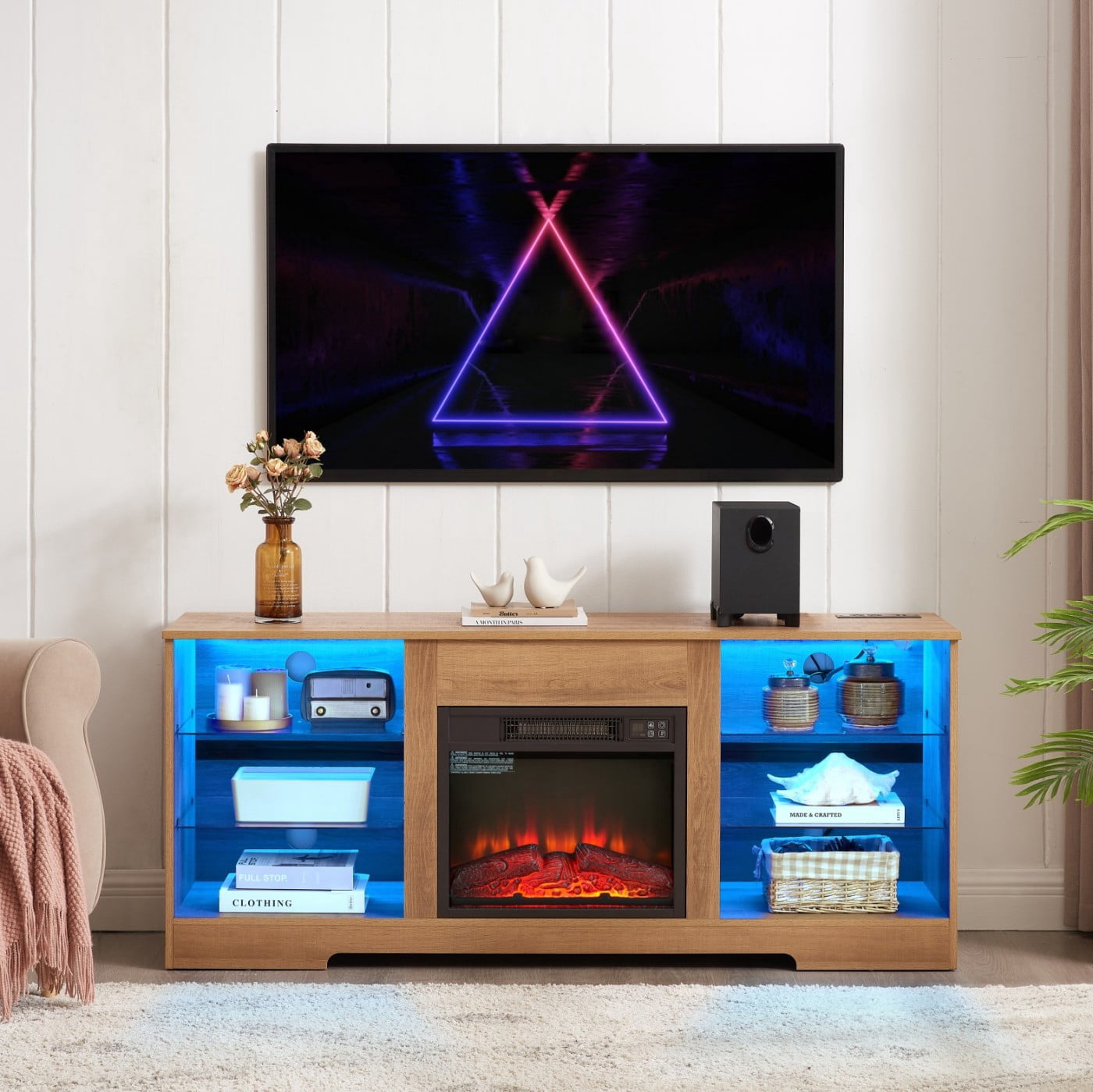 Electric Fireplace TV Stand for 65 Inch TV, 58" Modern Entertainment Center with LED Lights & Glass Shelves, 3D Flame Media Console with Storage Cabinet USB Charging Outlet, Oak