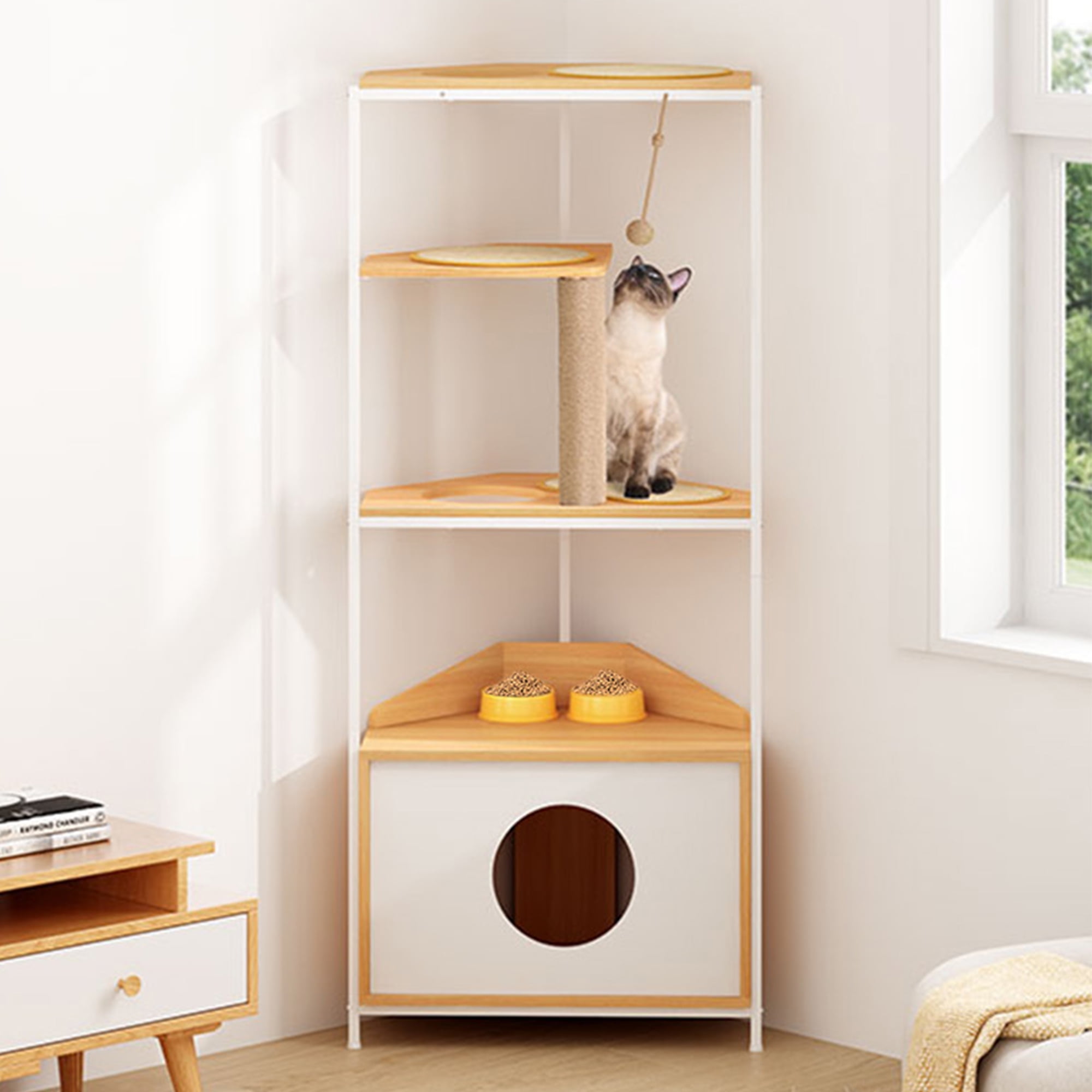 Pefilos 58" Cat House for Indoor Cats with Feeding Station and Climbing Platforms, Corner Cat Tree Tower, Cat Condo Furniture with Scratching Post, Beige Pefilos 58" Cat House for Indoor Cats with Feeding Station and Climbing Platforms, Corner Cat Tree Tower, Cat Condo Furniture with Scratching Post, Beige