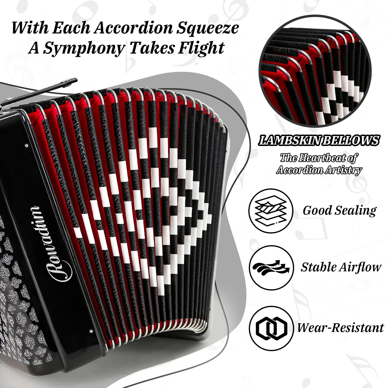 Rowadtim 34-Key Diatonic Accordion, 12 Bass Buttons, F/B/E Tuning, Push-Pull Heterophonic Design. Black Professional Beginner Accordion for Stage Performance, Practice, Ensemble Play & Music Training