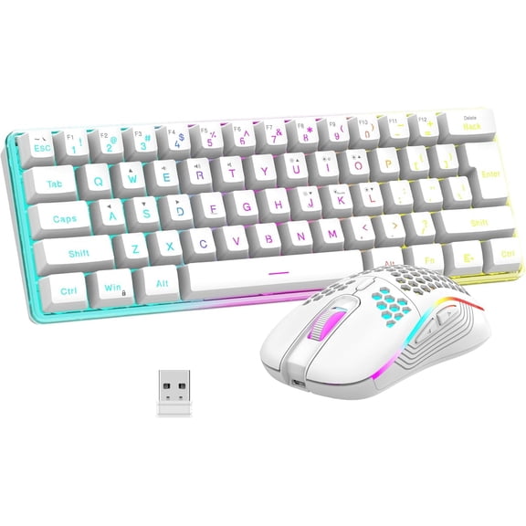 60% Wireless Gaming Keyboard and Mouse Combo with 2500mAh Battery Ultra-Compact RGB Mechanical Feel Keyboard Lightweight Honeycomb Optical Mouse White