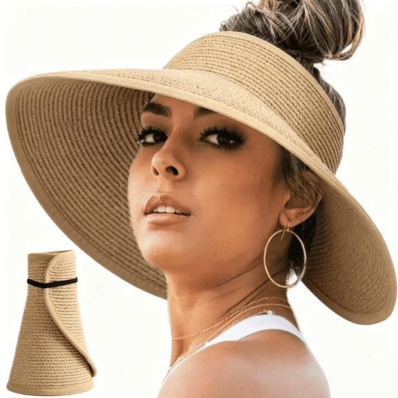 Women Wide Brim Straw Sun Hat, UV Protection, Ponytail, Foldable Beach Hat