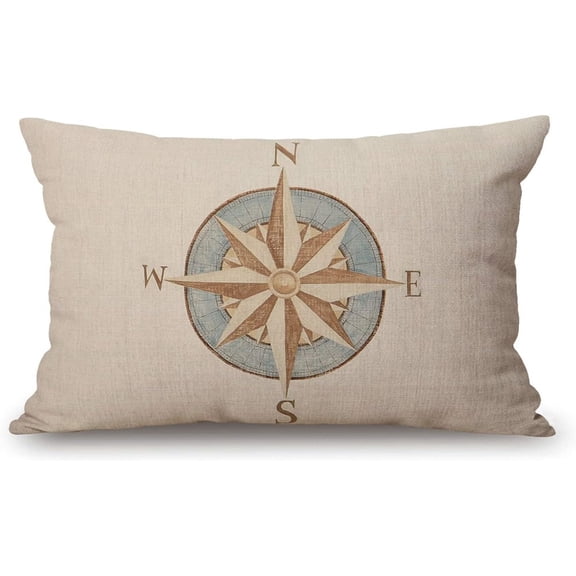 Nautical Compass Pillow Covers 12" x 20" Lumbar Pillow Covers Home Decorative Cotton Linen Cushion Case for Sofa Couch Housewarming Gifts Family Room Décor