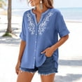 thumbnail image 5 of Qwertyu Linen Shirts for Women Spring Summer Casual Short Sleeve Embroidered Boho Tops Loose Fit Button Down Blouses Trendy Dressy V Neck Work Shirts Blue M, 5 of 6
