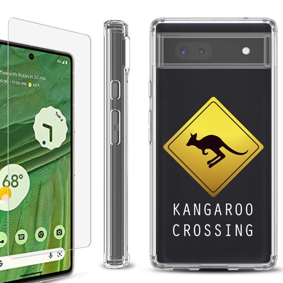 Shockproof Bumper Phone Case for Google Pixel 6a, with Tempered Glass Screen Protector, by OneToughShield ® - Road Sign Kangaroo