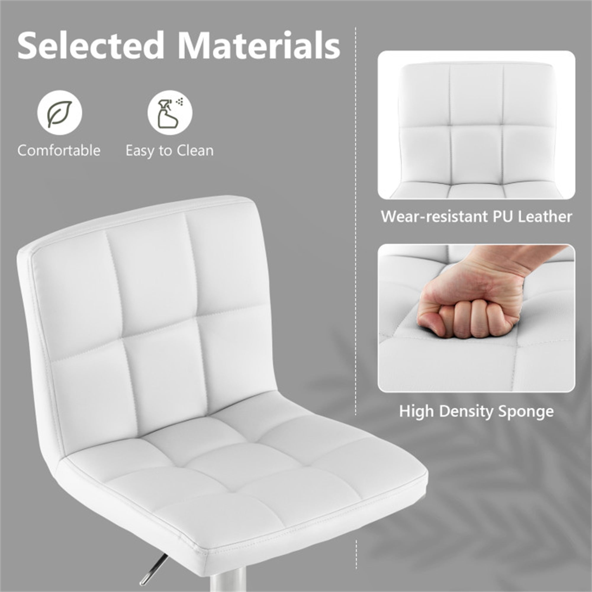 Demi Bonn Armless PU Leather Bar Stool with Adjustable Height and Swivel Seat, Modern Dining Chair with Backrests, White