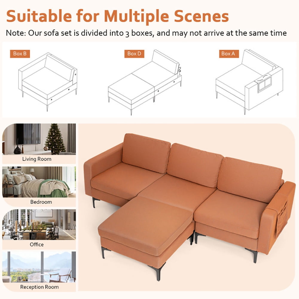 Finihen L-shaped Sectional Sofa Couch, Convertible Sectional Sofa, Modular L-shaped Sectional Sofa with Reversible Chaise and 2 USB Ports, for Living Room, Orange Finihen L-shaped Sectional Sofa Couch, Convertible Sectional Sofa, Modular L-shaped Sectional Sofa with Reversible Chaise and 2 USB Ports, for Living Room, Orange