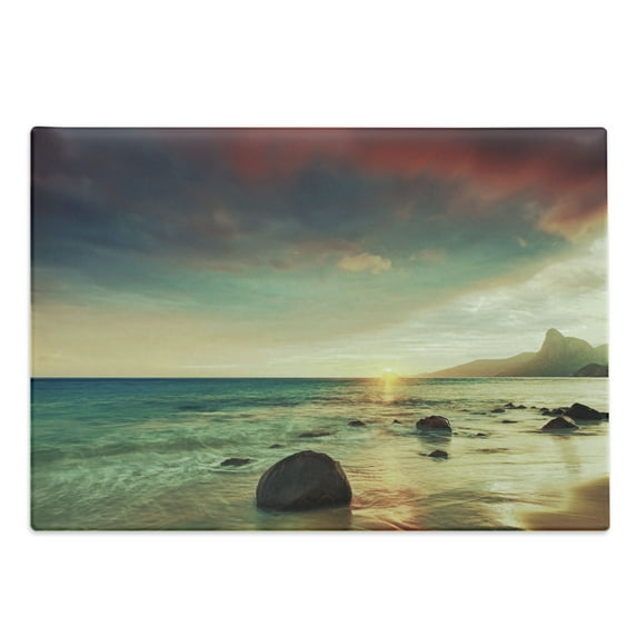 Beach Cutting Board, Sunrise over the Sea Tropical Water Summer Rock and Dramatic Sky Nature, Decorative Tempered Glass Cutting and Serving Board, Large Size, Blue Cream, by Ambesonne