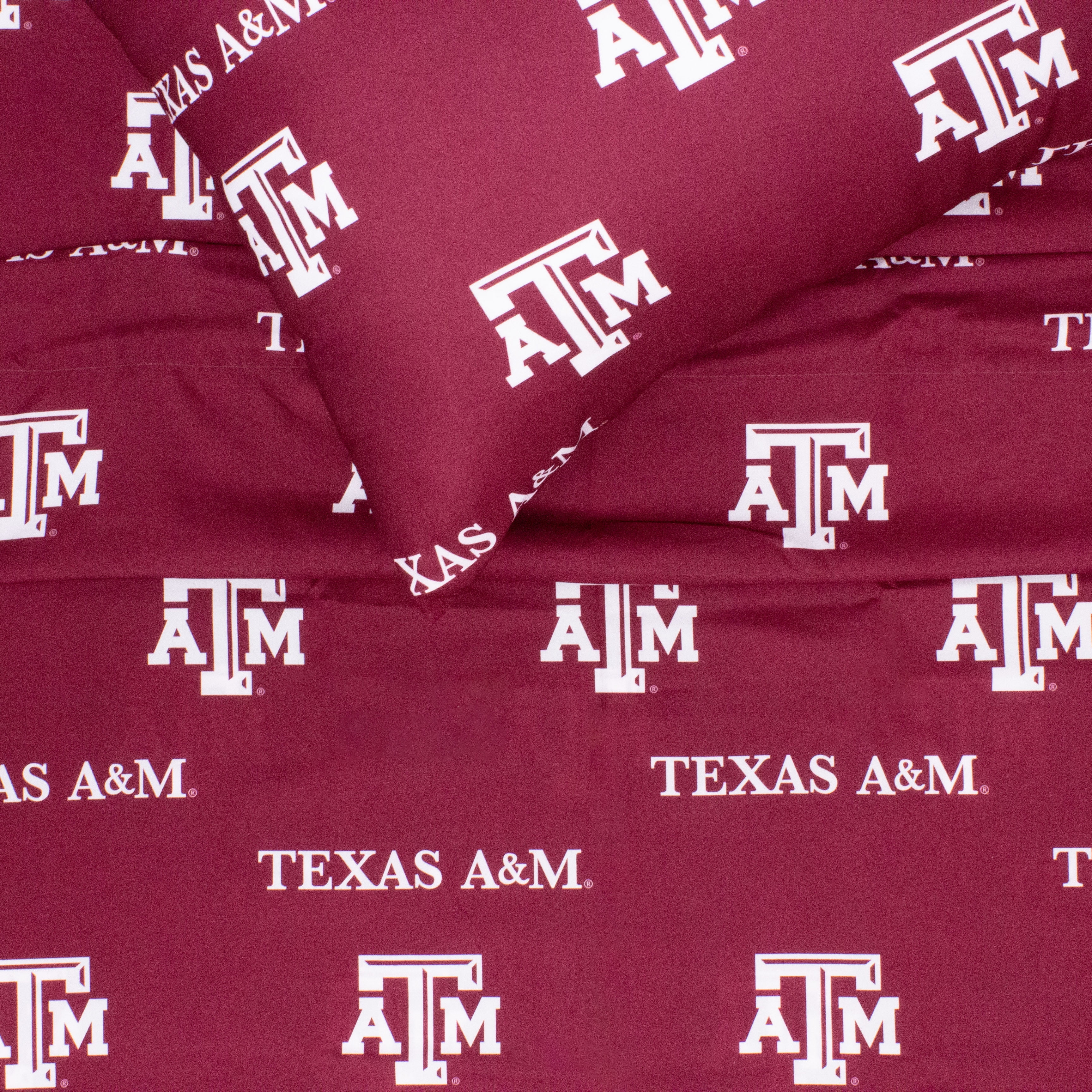Texas A&M Aggies Twin Sized 3 Piece Sheet Set, Team Color Background, 1 Flat Sheet, 1 Fitted Sheet, 1 Pillowcase