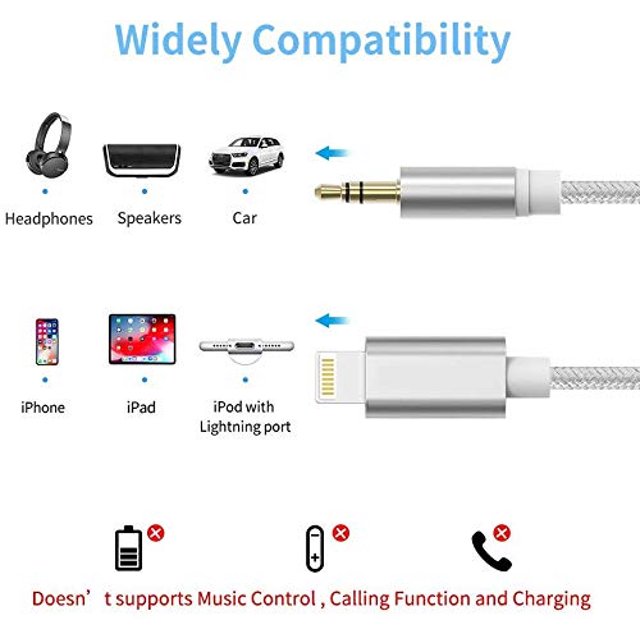 Cable auxiliar Aqnmrnm de 3.5 mm para iPhone compatible con iPhone 13 12 11 XS XR X 8 7 6 iPad iPod 3.3ft Plata
