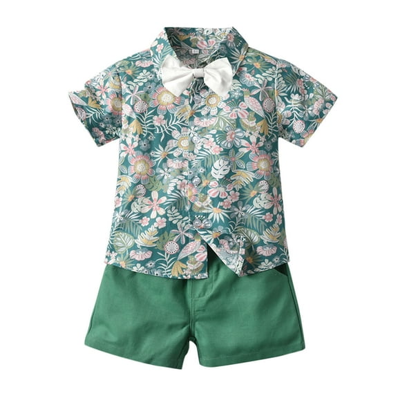 TUOBARR Set Clothes for Toddler Boy,Baby Boys Gentleman Bow Tie Floral Printed T-Shirt Tops Shorts Outfits Green 100