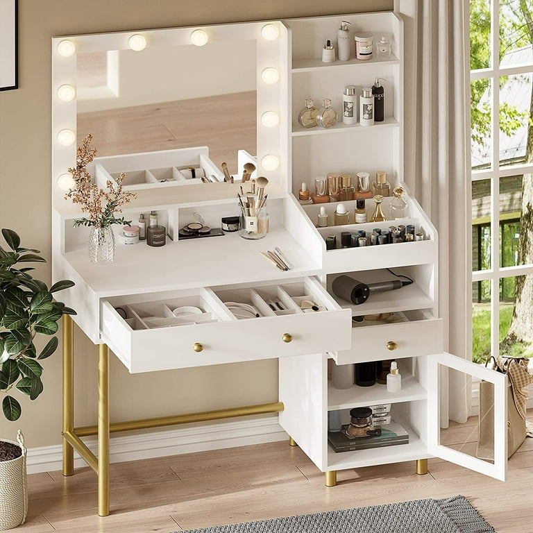 Makeup Vanity Desk with Lights, 3 Lighting Colors, White Vanity Set Makeup  Table with 3 Drawers, 2 Cabinets and Multiple Shelves, Large Vanity