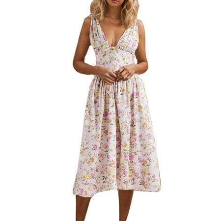 Womens Floral Midi Boho Sun Dress Deep V Neck Corset Dress Low Cut Bustier Midi Dress Flowy Pleated Long Sundress