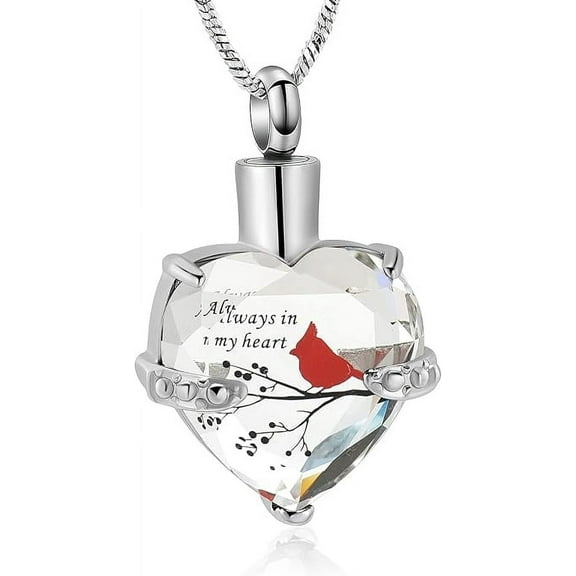 Red Cardinal Urn Necklace for Ashes Women Men Crystal Heart Urn Locket for Human / Pet Cremation Jewelry for Ashes