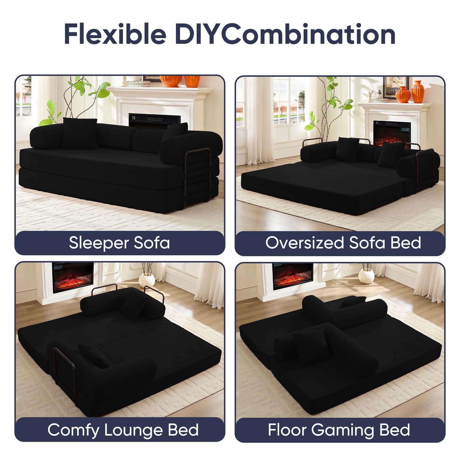 ZAFLY Folding Sofa Bed | Convertible Futon Sleeper Couch | Modern Floor Mattress | Corduroy Sofas and Couches for Living Room - Black