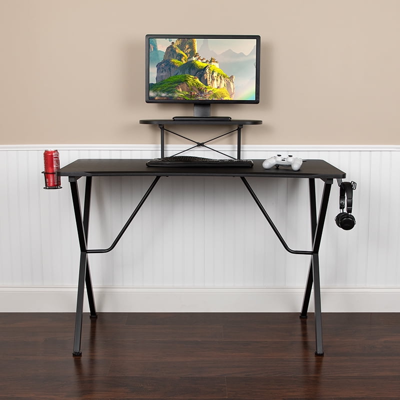 BlackArc Black Gaming Desk with Cup Holder, Headphone Hook, and Monitor